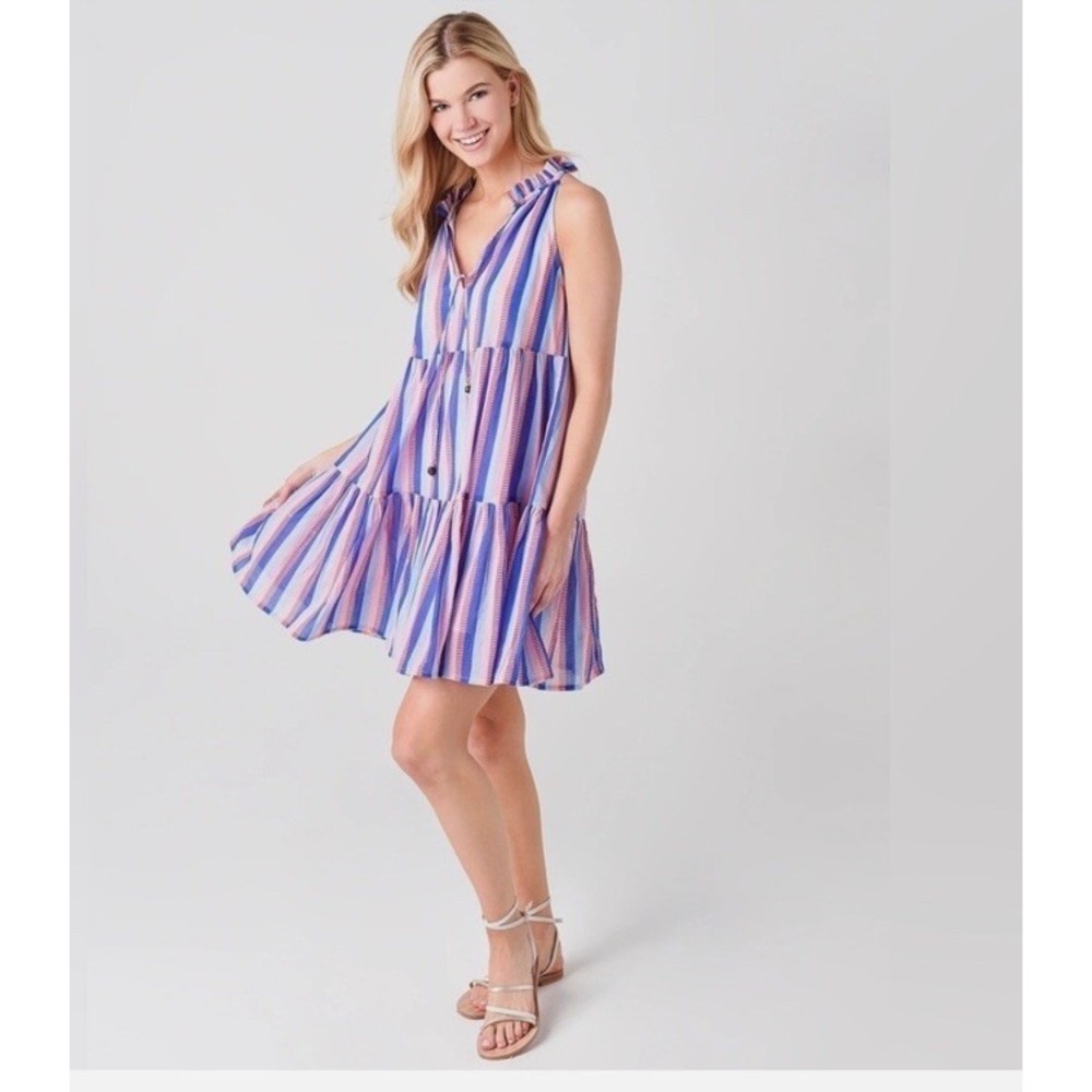 Oliphant Cotton Tiered Halter Mini Dress Striped Blue Pink Ruffle Neck V-Neck S